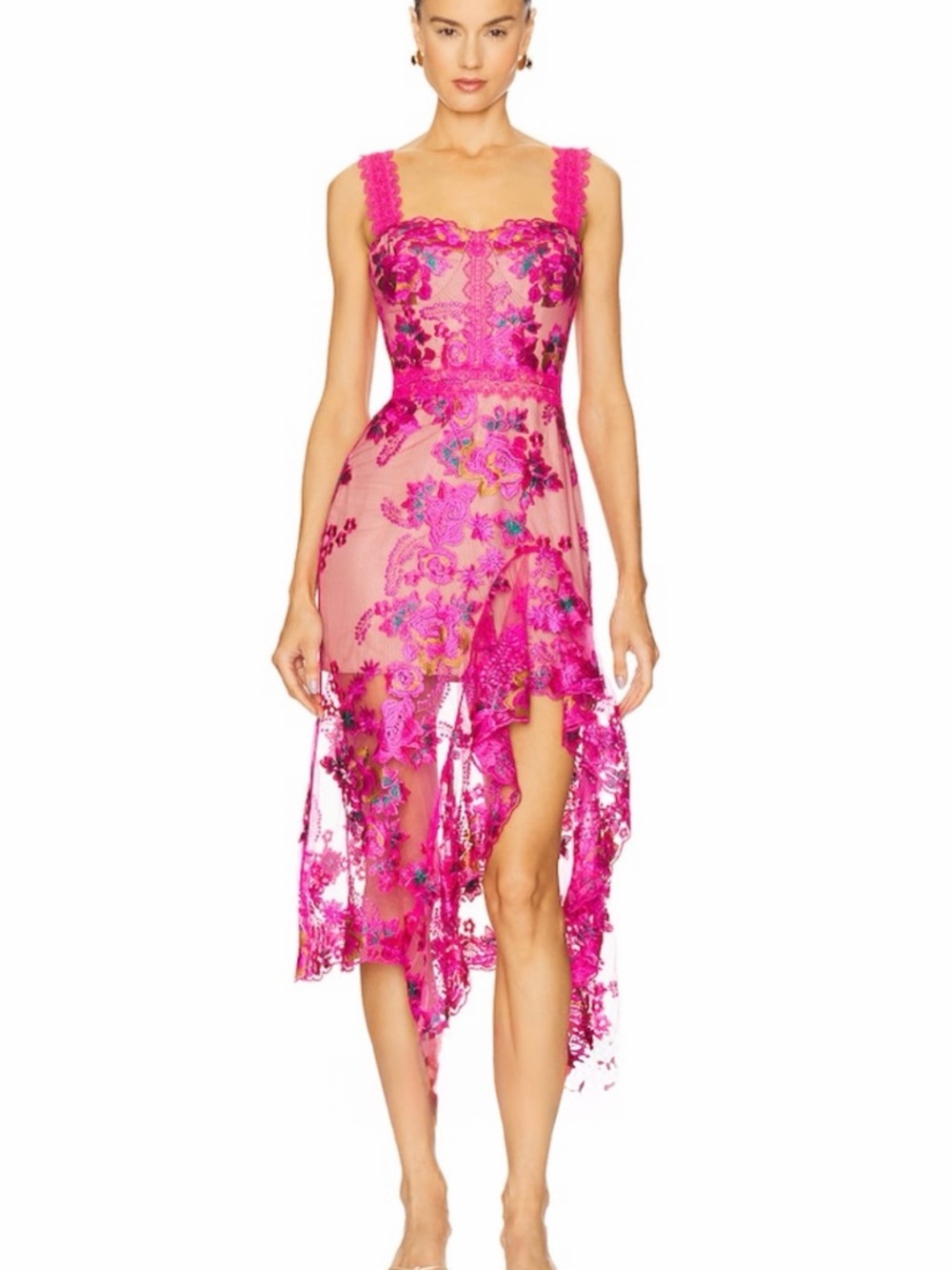 Bronx and Banco Hot Pink Floral Lace High-Low Dress